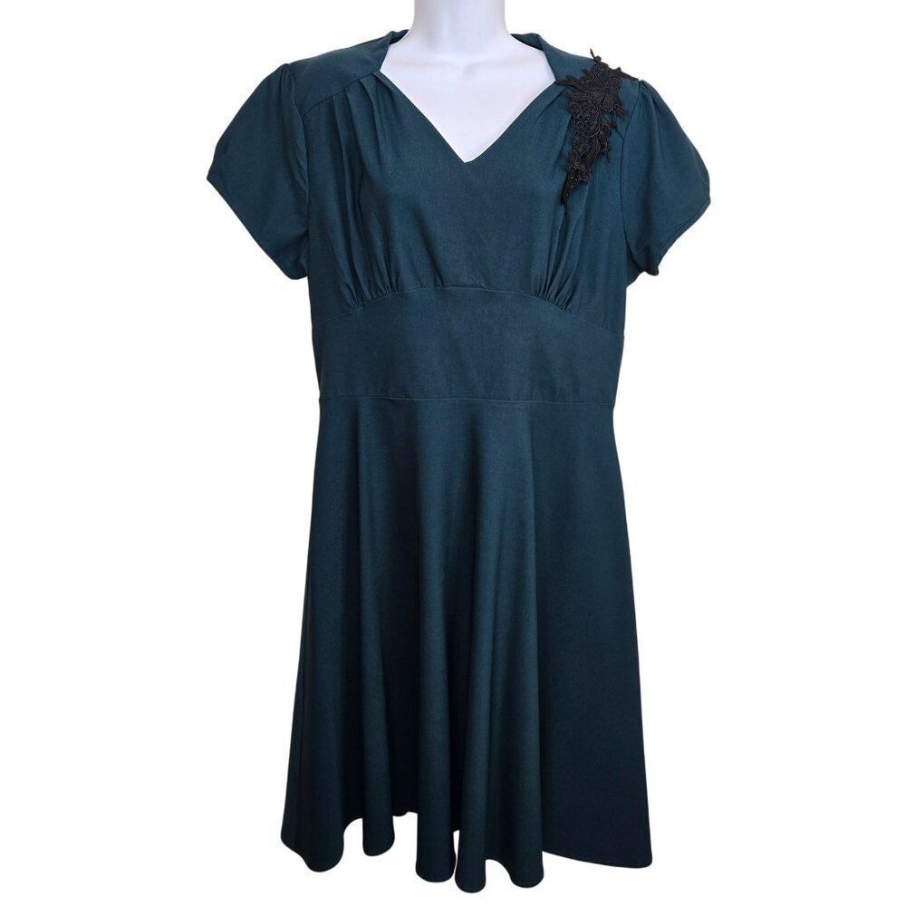 Retro 40s Style Fit and Flare Dress Womens 2XL Dark Teal Green Stretch